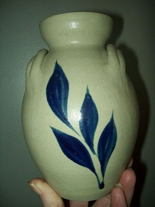Williamsburg Salt Glaze Stoneware Crock Pottery Blue & Clay Vase Leaf