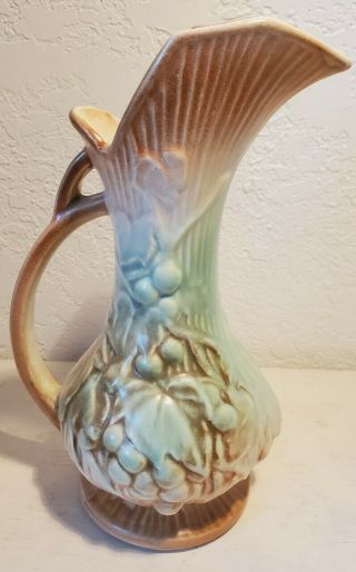 Vintage 1940s Mccoy Pottery Pitcher Ewer Vase Grapes Leaves Teal Green Brown