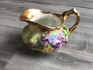 J P L France Hand Painted China Creamer Cream Pitcher Dish Violets Gold