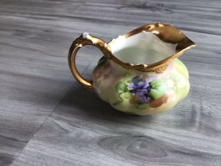 J P L France Hand Painted China Creamer Cream Pitcher Dish Violets Gold 3