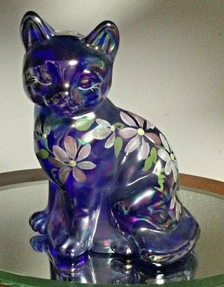 1995 Fenton Cobalt Blue Carnival Glass Hand Painted 4 " Cat Htf