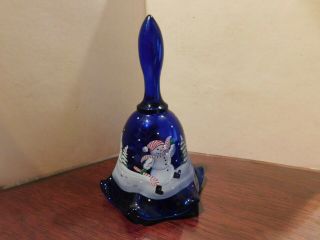 Fenton Jolly Snowman Cobalt Blue Ruffled Bell Hand - Painted With Tags