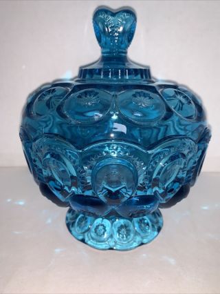 Vintage Le Smith Moon And Stars Blue Glass Candy Dish With Lid 7 1/2”