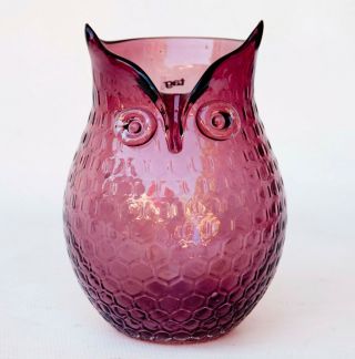 Blown Italian Purple Glass Owl Round Vase Honeycomb Pattern Applied Eyes - 8.  25 "