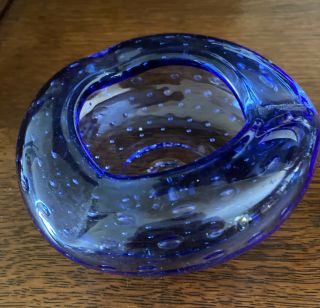 Vintage Mid Century Blenko Controlled Bubble Blue Art Glass Ashtray Trinket