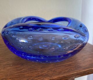 Vintage Mid Century Blenko Controlled Bubble Blue Art Glass Ashtray Trinket 2