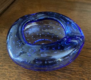Vintage Mid Century Blenko Controlled Bubble Blue Art Glass Ashtray Trinket 3