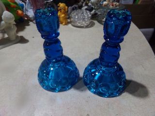 Vintage Moon & Stars Glass Colonial Blue Candlesticks Candle Holders 6 1/8 "