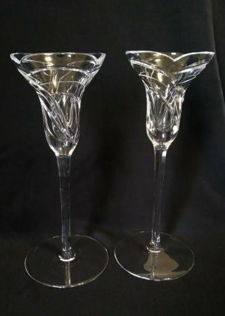 Set Of 2 Rogaska " Maestro " Clear Cut Crystal Glass Tall Candle Holders Signed