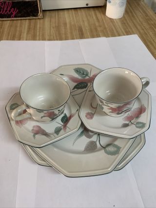 Mikasa Continental Silk Flowers Set.  Includes 2 Ea.  Plates,  Cups,  Saucers.