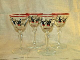 Cocktail Glasses Vintage Men Red Black Toasting 1947 Pickwick Dickens Set/4