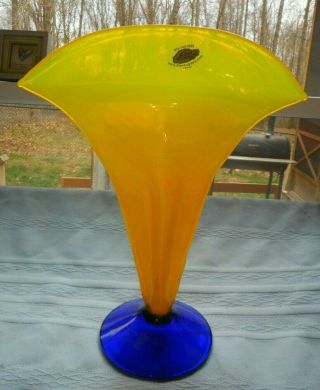Vintage Blenko Hand Blown Cobalt Blue & Yellow Very Cool Vase