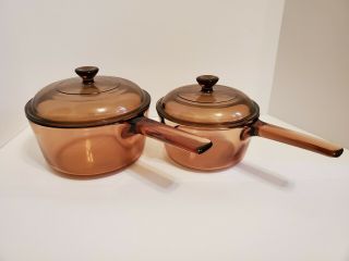 Set Of 2 Corning Ware Visions Amber Sauce Pots W Pyrex Lids - 1.  5l & 1l