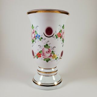 7 " H 4 " W Vintage Bohemian Czech White Cut To Cranberry Enamel Glass Vase Cased