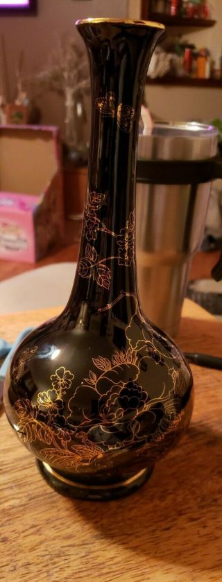 Royal Haeger Black Vase With Gold Detailing