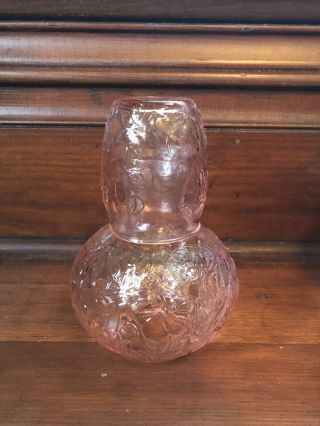 Vintage Pink Etched Glass Water Decanter Set With Glass Tumbler On Top