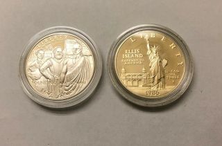 2 One Dollar 90 Silver Coins - 1986 Ellis Island & 2007 Founding Jamestown