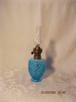 Vintage Fenton Miniature Oil Lamp Opalescent Blue Hobnail Clear Glass Chimney