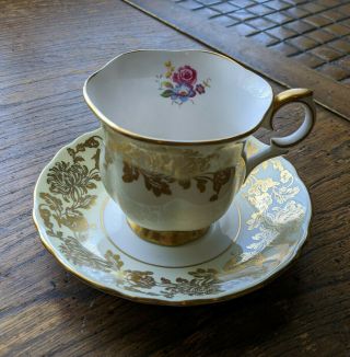 Fine Bone China Tea Cup & Saucer Crown Staffordshire England Rose Floral Gold