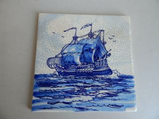 6 " Square Blue & White Ship Ceramic Tile