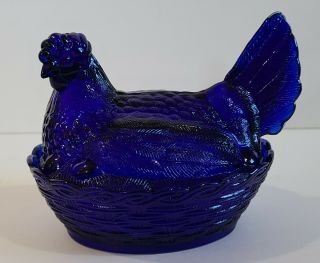 Vintage Cobalt Blue Glass Hen Chicken On Nest Basket Weave Bowl Candy Dish Epc