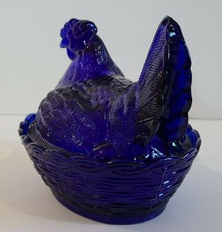 Vintage Cobalt Blue Glass Hen Chicken On Nest Basket Weave Bowl Candy Dish EPC 2