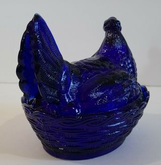 Vintage Cobalt Blue Glass Hen Chicken On Nest Basket Weave Bowl Candy Dish EPC 3