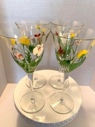 Set Of 4 Royal Danube Hand Painted Colorful Flowers Water Wine Glasses 9”