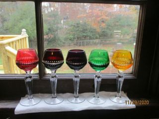 27 Vintage Cut - To - Clear Bohemian Glass Crystal 5 Cordials Shot.  5 - 1/4 " Tall