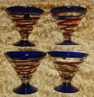 4 Kosta Boda Crown Royal Caribbean Cobalt Red Swirl Martini Hand Blown Glasses
