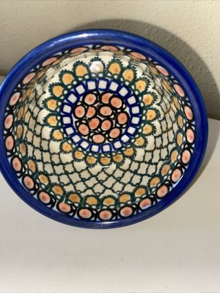 Polish Pottery Stoneware Signed Unikat Ramekin Bowl Colorful Lattice