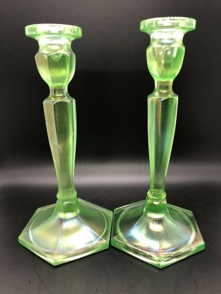Fenton Carnival Glass Ice Green And Vaseline Florentine 449 Candlesticks
