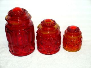 Vintage Le Smith Moon & Star Red Amberina 3 Canister Set W/lids - 9 ",  7 " & 5 "