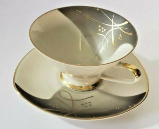 Mid Century Modern Bavarian Porcelain Coffee Tea Mug Cup And Saucer Gold Rimmed