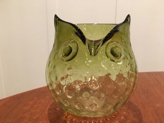 Vintage Mid Century Modern Art Glass Hand Blown Green Honeycomb Owl Pitcher Vase