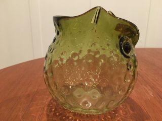 Vintage Mid Century Modern Art Glass Hand Blown Green Honeycomb Owl Pitcher Vase 3