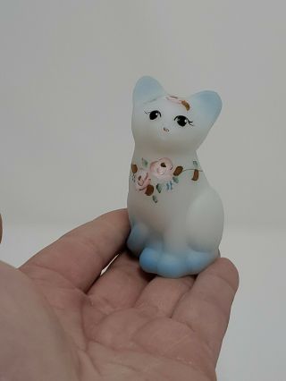 Fenton Opal Satin Hp Mini Cat/kitten Figurine " Roses "