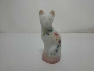 Fenton White Satin Stylized Cat Handpainted With Pink And Purple Flowers 5065 Eh