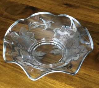 Vtg Rockwell Sterling Silver Overlay Floral Ruffled Edge Glass Bowldish Tt20 12”
