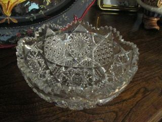 Vintage 8 " Dia Cut Glass Heavy Lead Crystal Serving Dish Bowl Sawtooth Edge