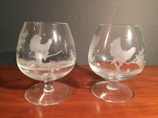 Set Of Two Vintage Austrian Etched Crystal Brandy Snifters - Animal Designs