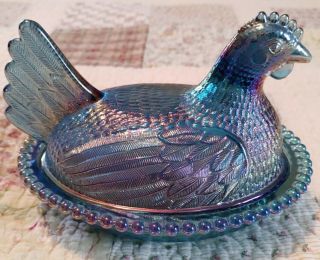 Vintage Carnival Glass Iridescent Blue Chicken Hen On Nest Candy Dish