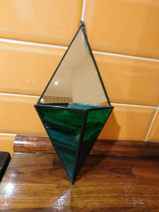 Unusual Green Leaded Glass Mirrored Hangable Wall Pocket - Lozenge Shaped