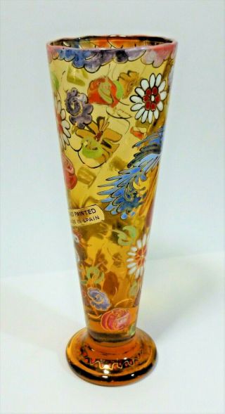Vintage Amber Glass Vase Hand Painted In Spain Birds & Flower Detail 8.  25 " Tall