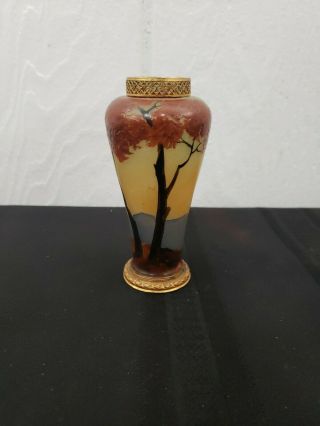 Vintage French Hand Painted Glass Vase By Gauthier Art Nouveau Gilt Bronze