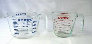 Vintage Pyrex 4 - Cup Blue Lettering & 2 - Cup Glass Measuring Cups Open L Handle