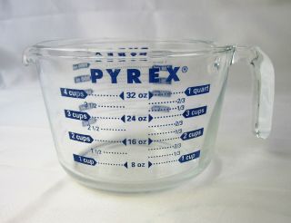 Vintage PYREX 4 - Cup Blue Lettering & 2 - Cup Glass Measuring Cups Open L Handle 2