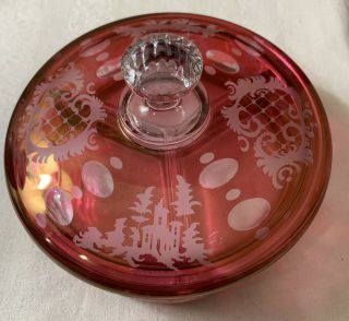 Egermann Bohemian Cut To Clear Ruby Red Etched Glass Lidded 3 Section Dish Bowl 2