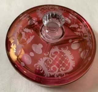 Egermann Bohemian Cut To Clear Ruby Red Etched Glass Lidded 3 Section Dish Bowl 3