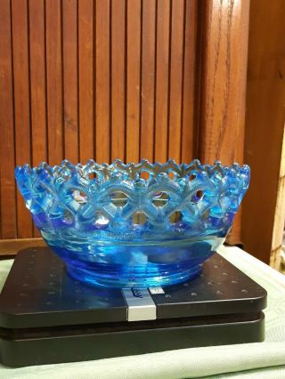 Vintage Westmoreland Blue Satin Glass Bowl Doric Lace Edged Bowl 2